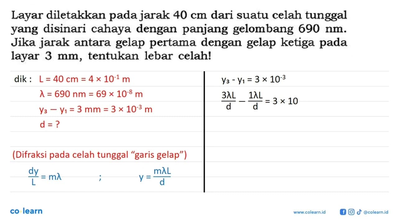 Layar diletakkan pada jarak 40 cm dari suatu celah tunggal