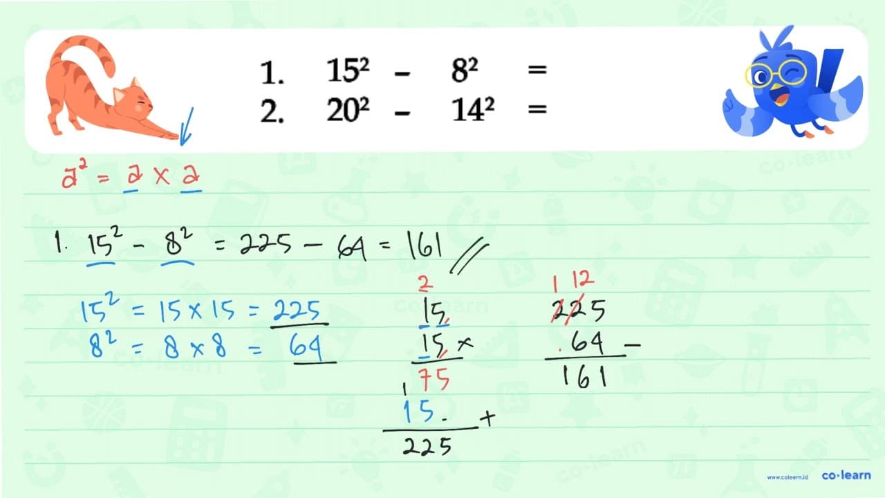 1. 15^2 - 8^2 = ... 2. 20^2 - 14^2 = ...