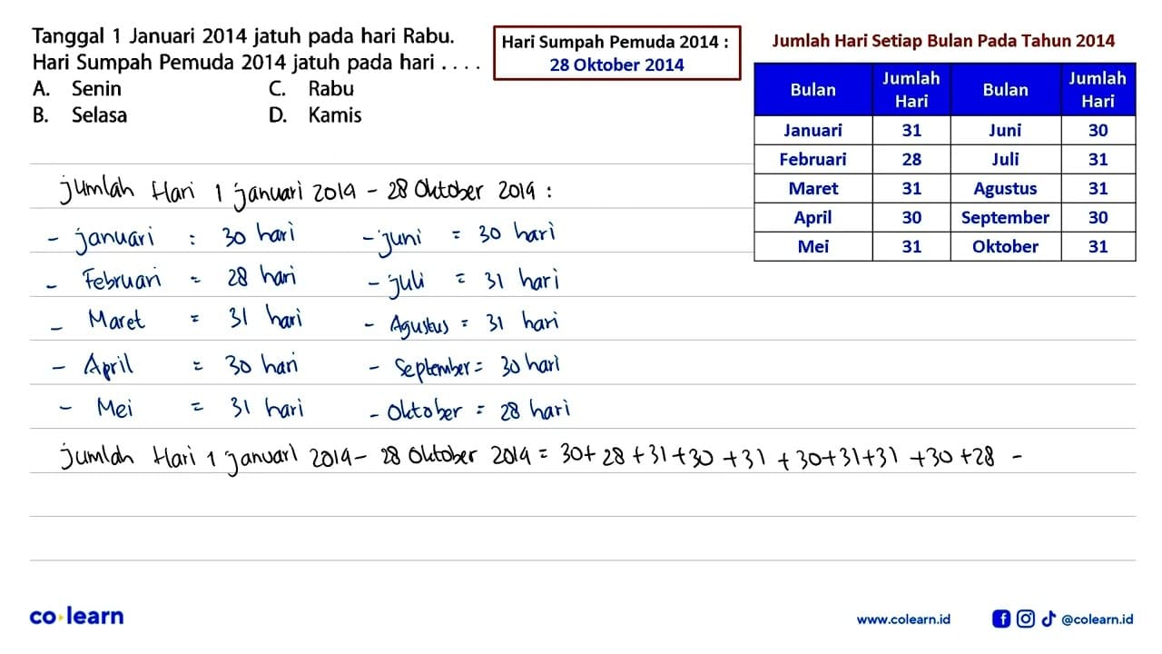 Tanggal 1 Januari 2014 jatuh pada hari Rabu. Hari Sumpah