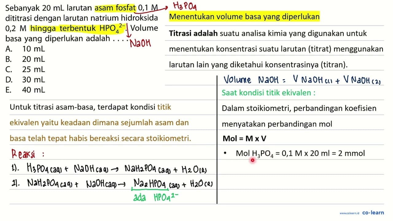 Sebanyak 20 mL larutan asam fosfat 0,1 M dititrasi dengan