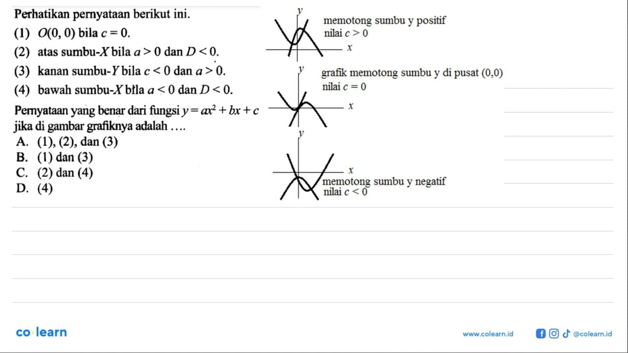 Perhatikan pernyataan berikut ini. (1)O(0, 0) bila c = 0.