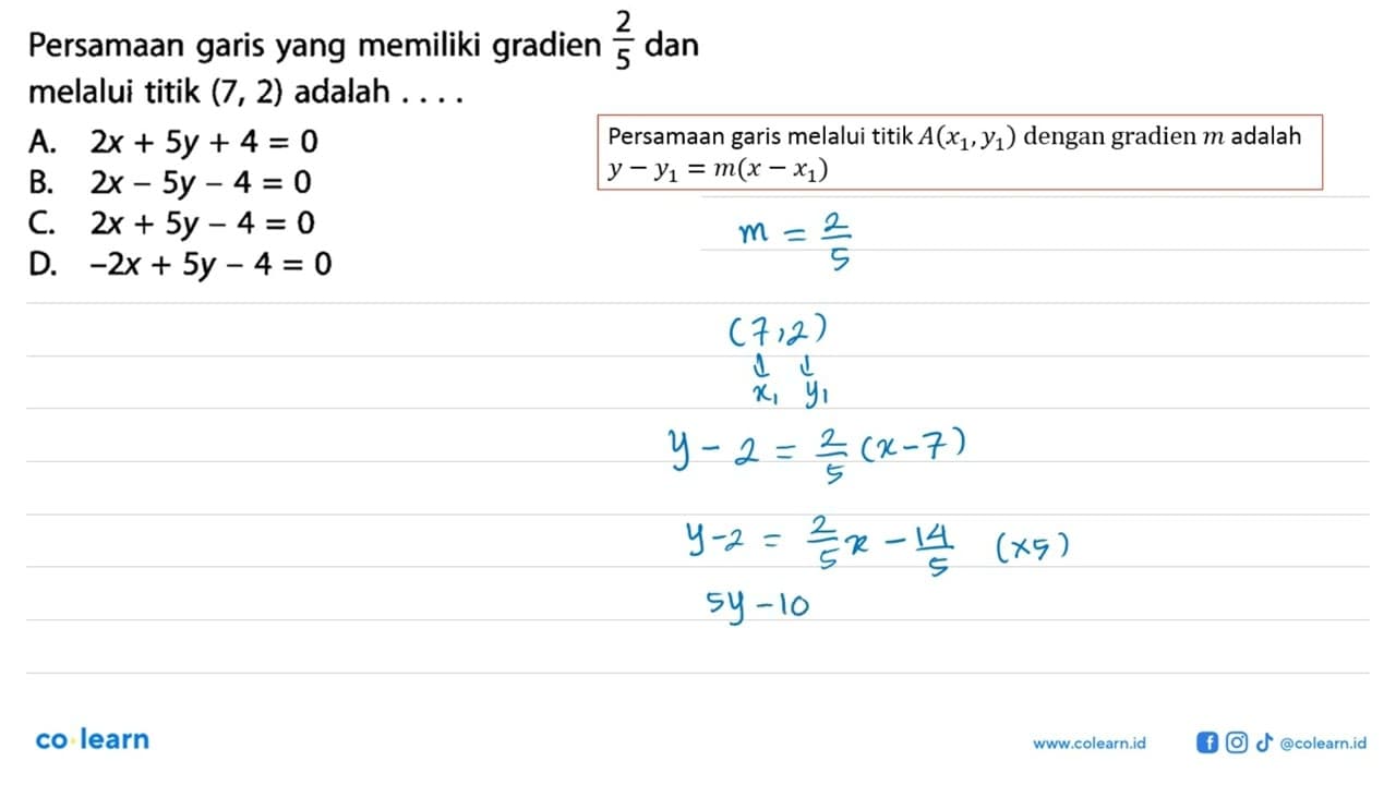 Persamaan garis yang memiliki gradien 2/5 dan melalui titik