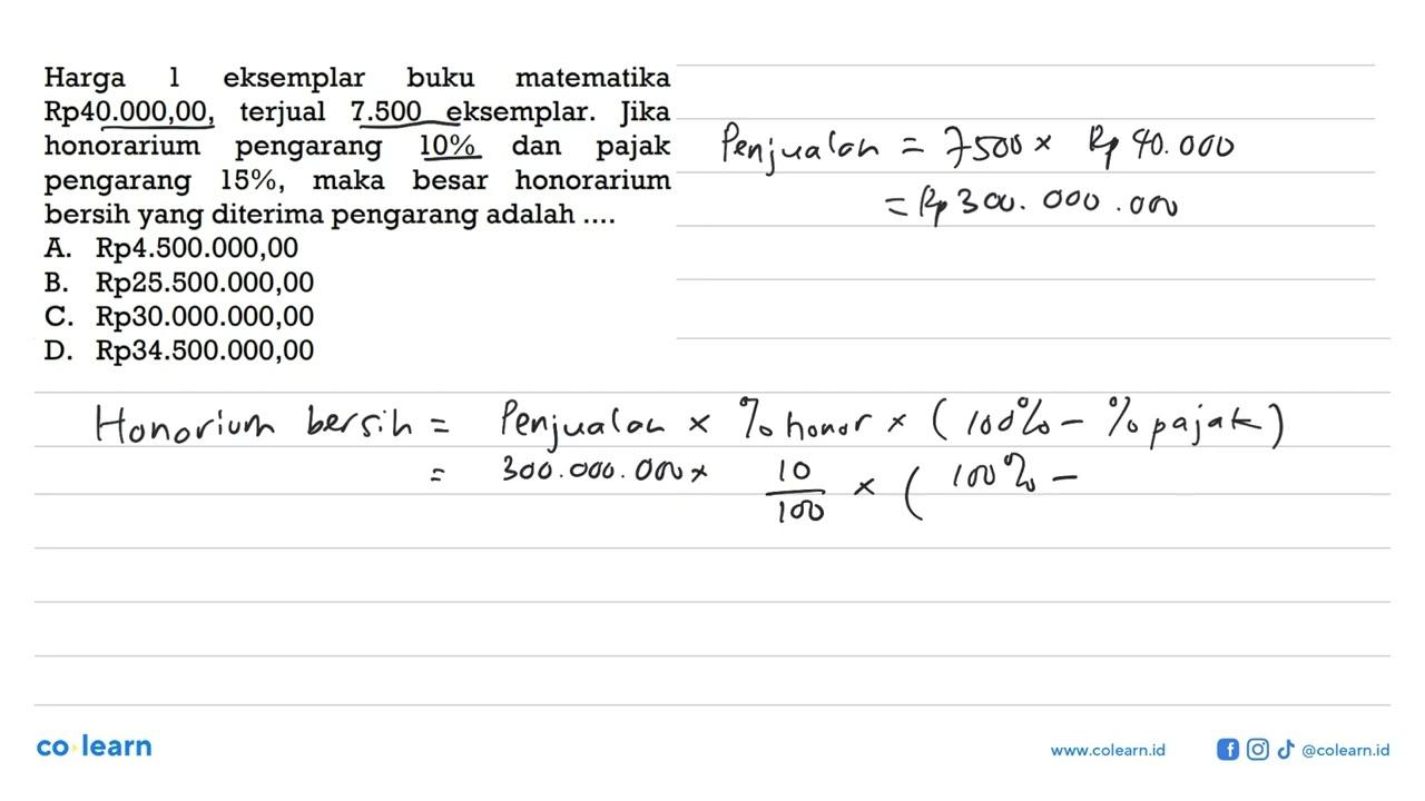 Harga l eksemplar buku matematika Rp40.000,00, terjual