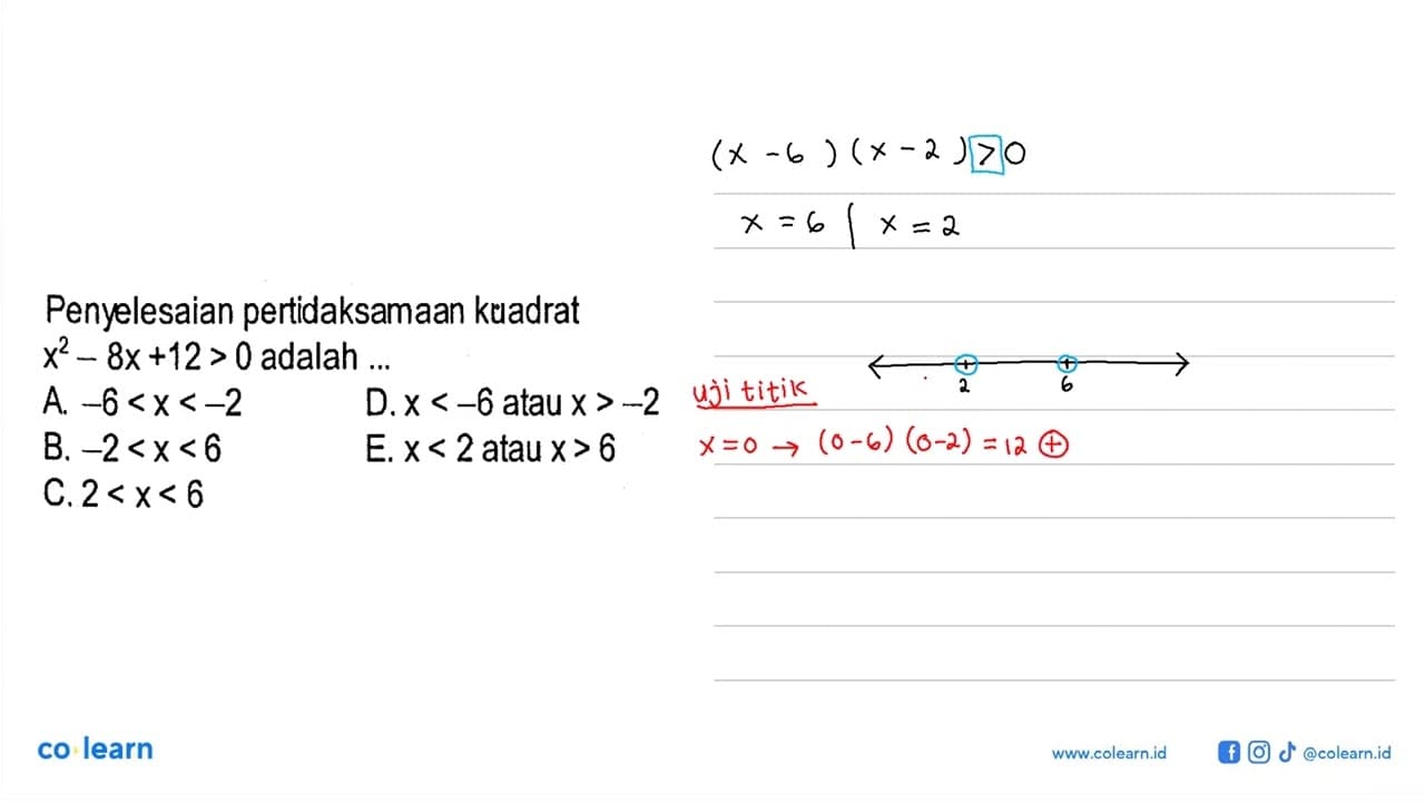 Penyelesaian pertidaksamaan kuadrat x^2-8x+12>0 adalah ...