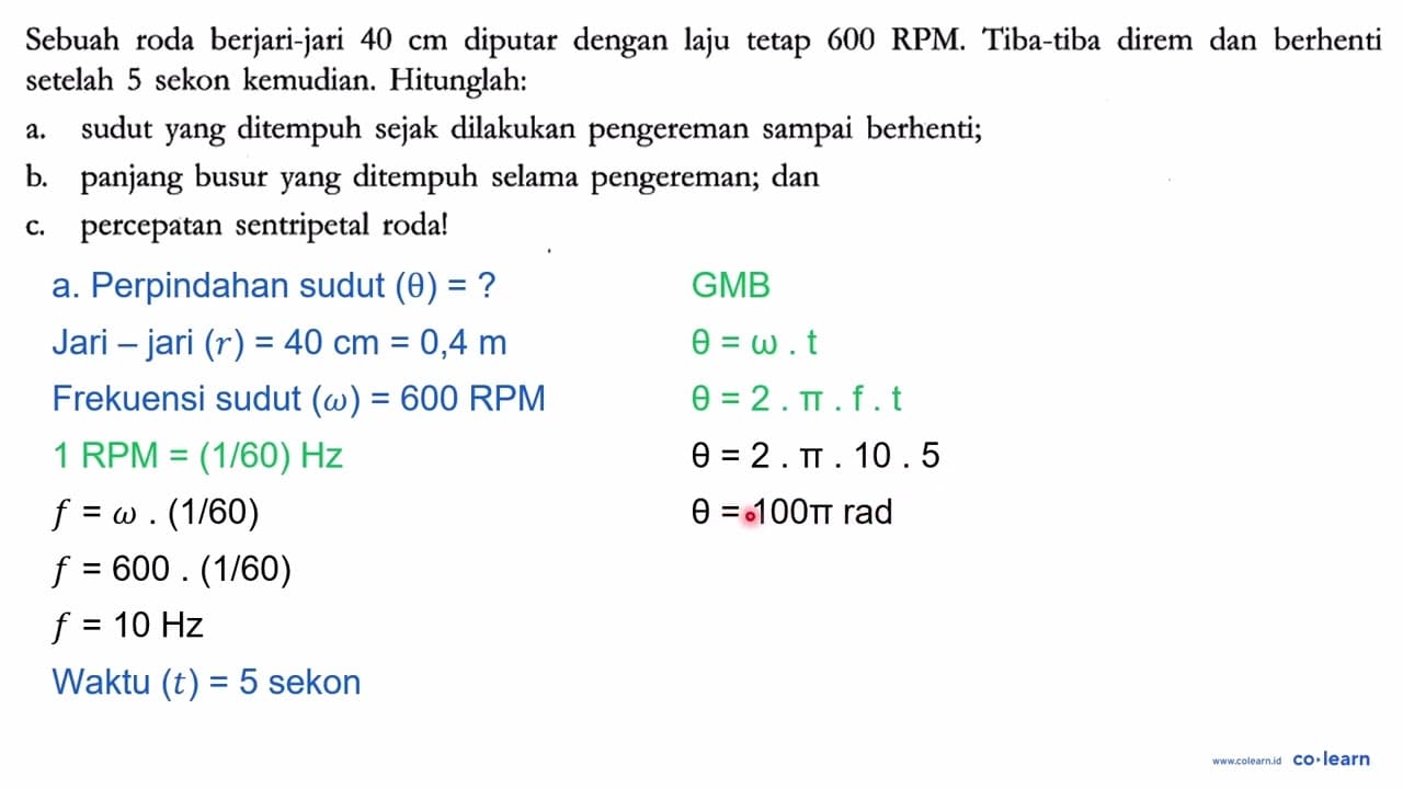 Sebuah roda berjari-jari 40 cm diputar dengan laju tetap