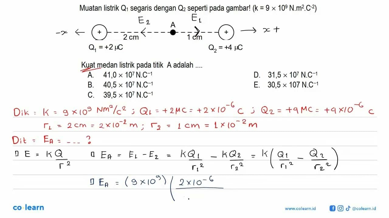 Muatan listrik Q1 segaris dengan Q2 seperti pada gambar!