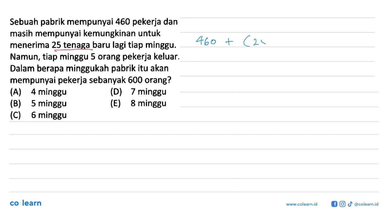 Sebuah pabrik mempunyai 460 pekerja dan masih mempunyai