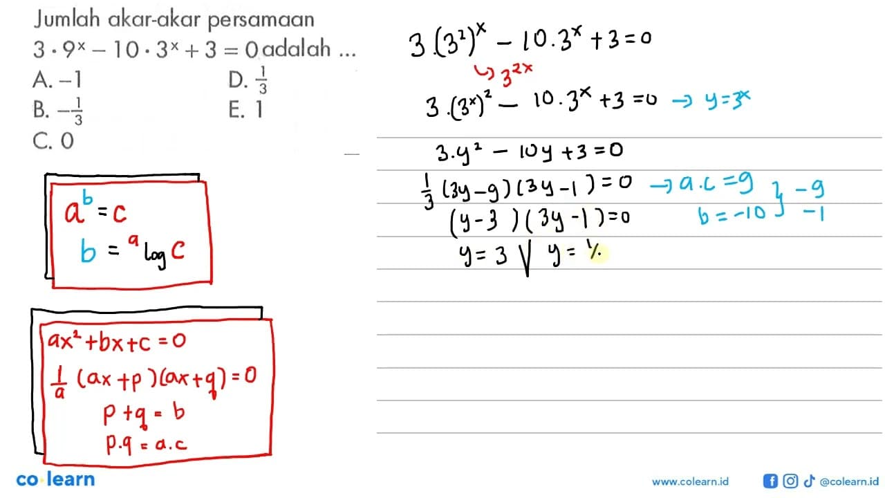 Jumlah akar-akar persamaan 3.9^x-10.3^x+3=0 adalah ...