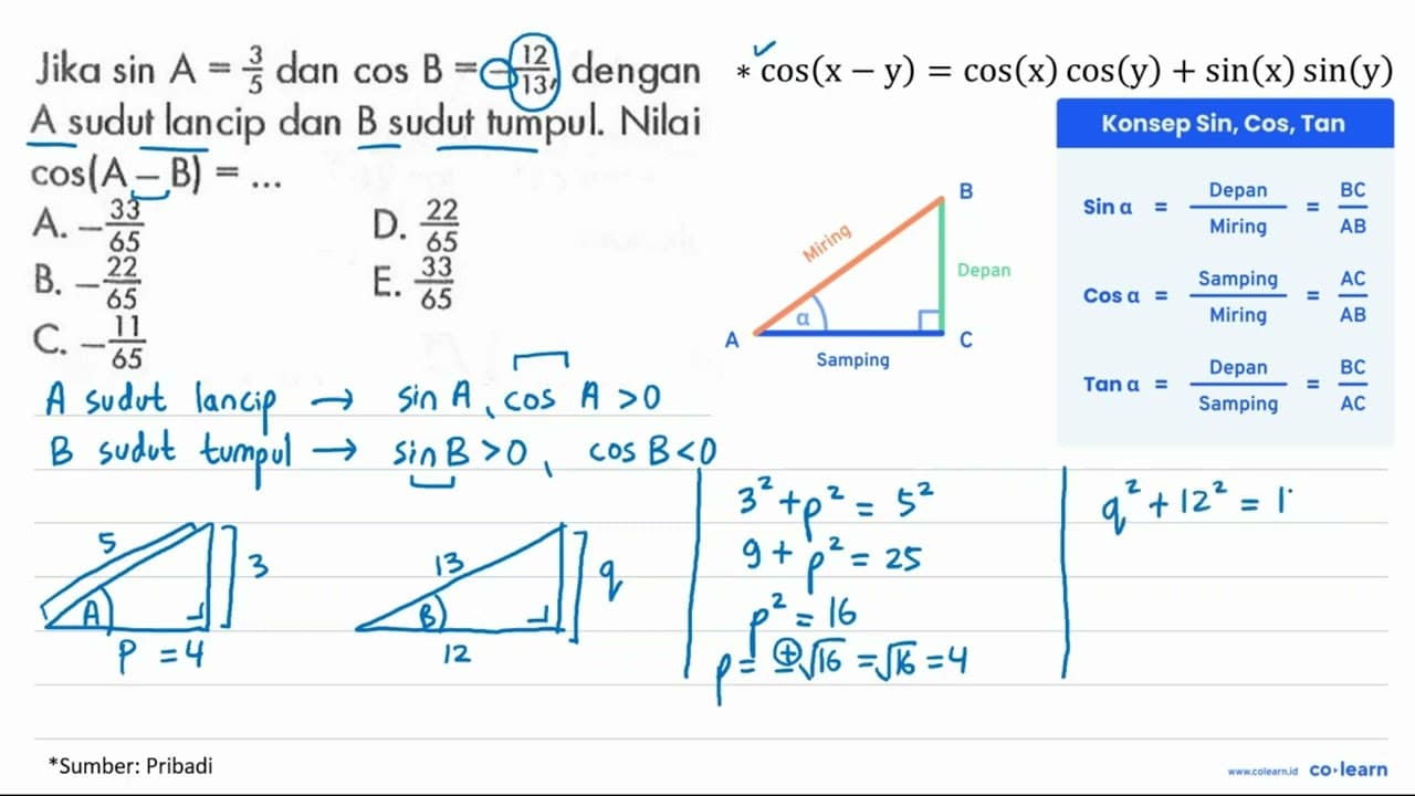 Jika sin A=3/5 dan cos B=-12/13, dengan A sudut lancip dan