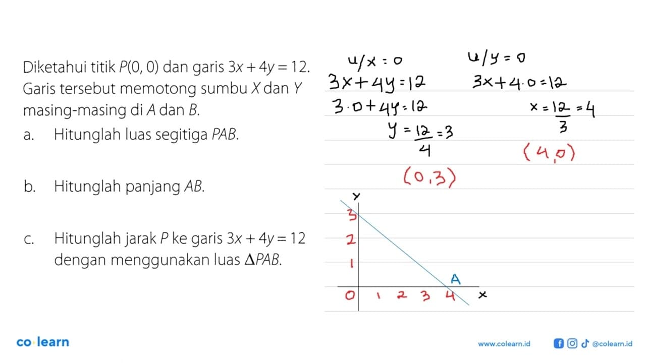 Diketahui titik P(0, 0) dan garis 3x+4y=12. Garis tersebut