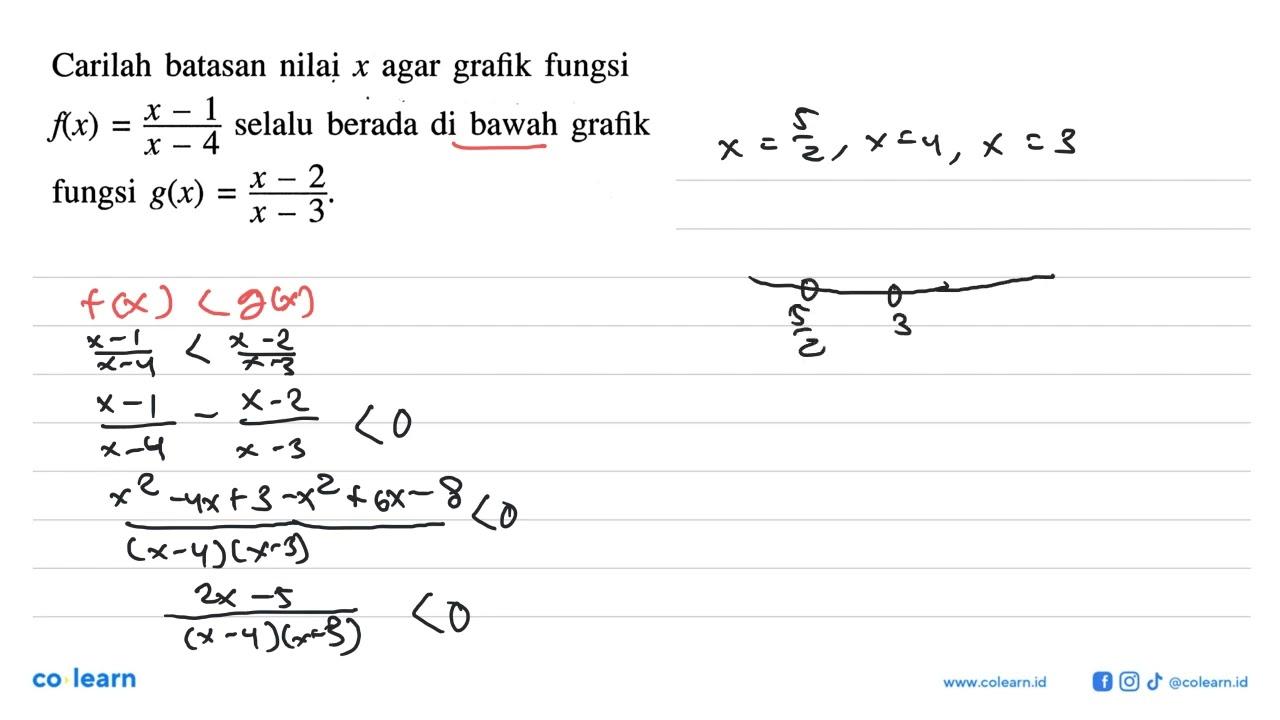 Carilah batasan nilai x agar grafik fungsi f(x)=(x-1)/(x-4)