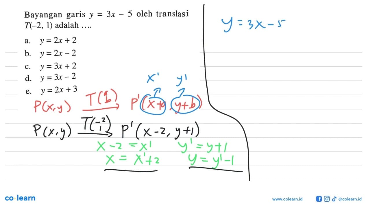 Bayangan garis y=3x-5 oleh translasi T(-2, 1) adalah ....