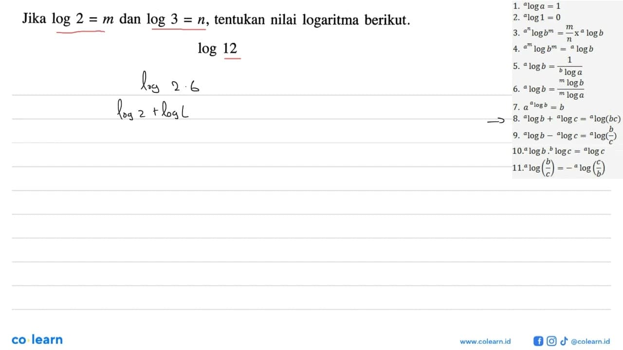 Jika log 2 = m dan log 3 = n, tentukan nilai logaritma