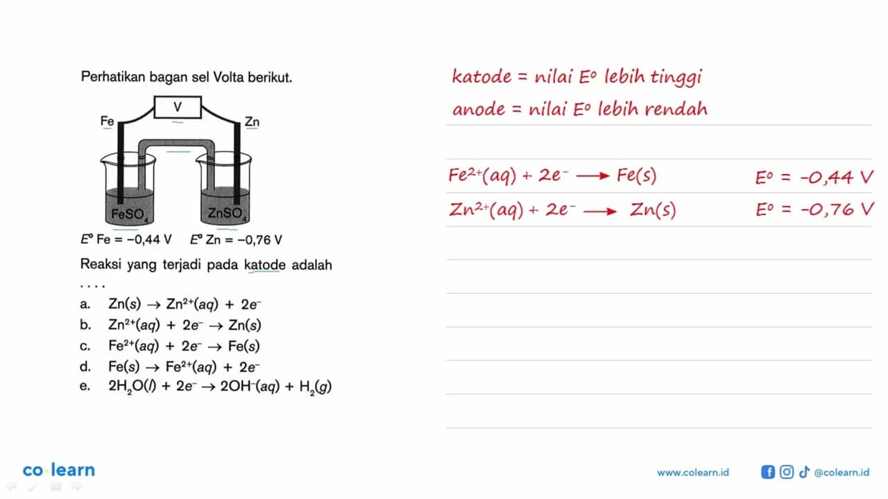 Perhatikan bagan sel Volta berikut. V Fe Zn FeSO4 Zn E