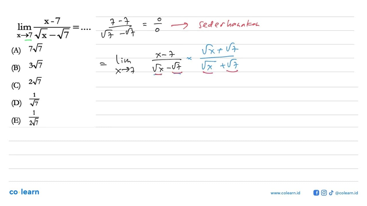 lim x->7 (x-7)/(akar(x)-akar(7))=....