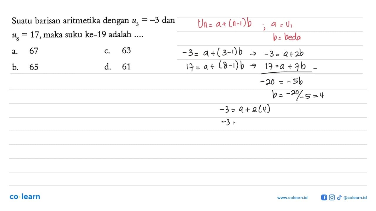 Suatu barisan aritmetika dengan U3 = -3 dan U8 = 17, maka