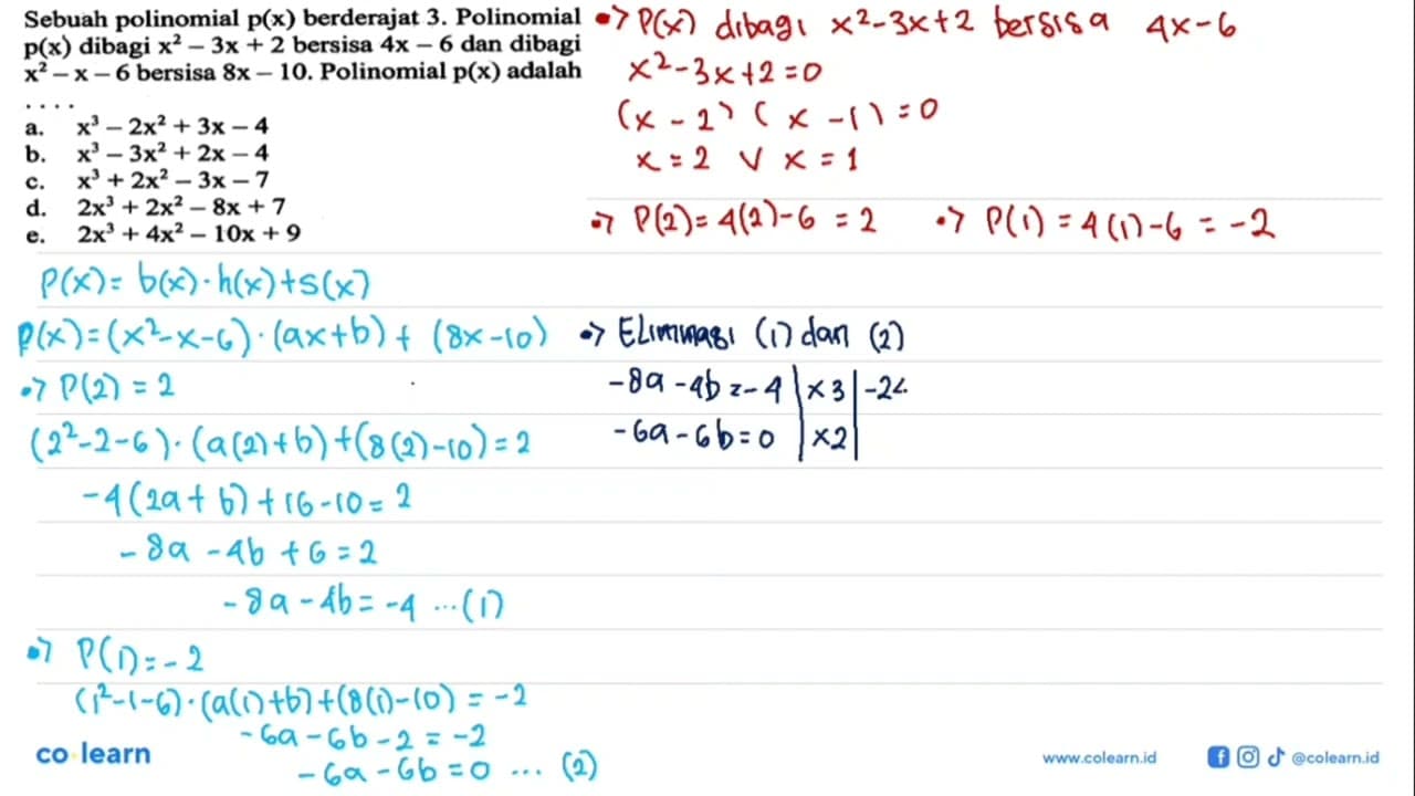 Sebuah polinomial p(x) berderajat 3. Polinomial p(x) dibagi