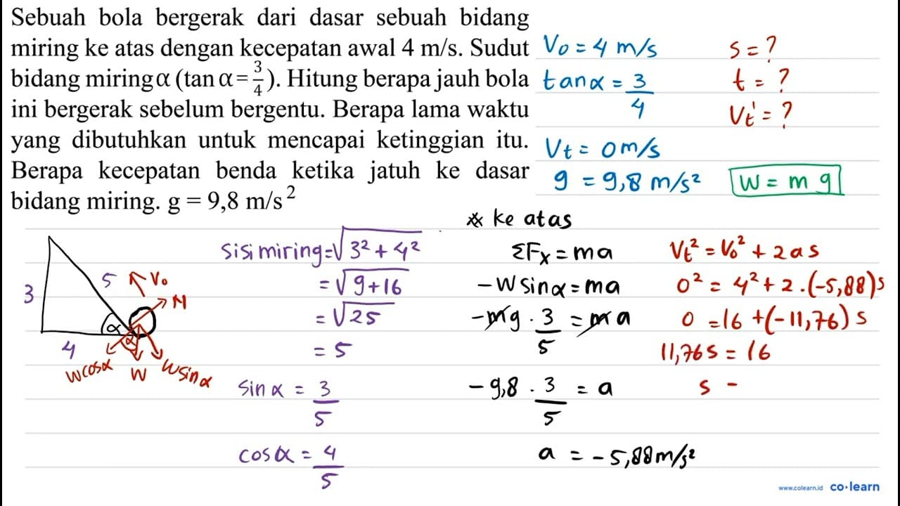 Sebuah bola bergerak dari dasar sebuah bidang miring ke