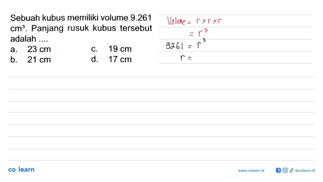 Sebuah kubus memiliki volume 9.261 cm^3. Panjang rusuk