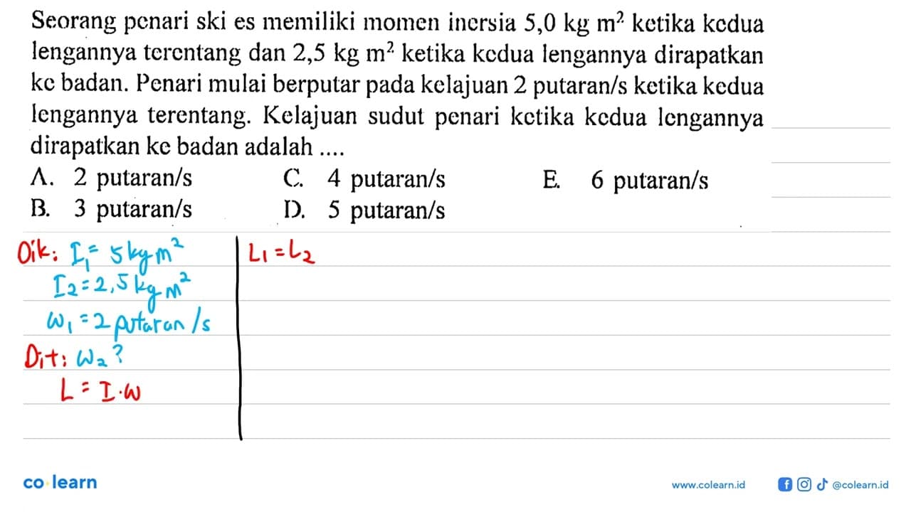 Seorang penari ski es memiliki momen inersia 5,0 kg m^2