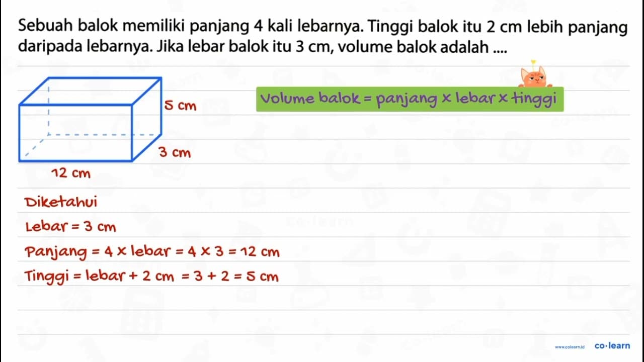 Sebuah balok memiliki panjang 4 kali lebarnya. Tinggi balok