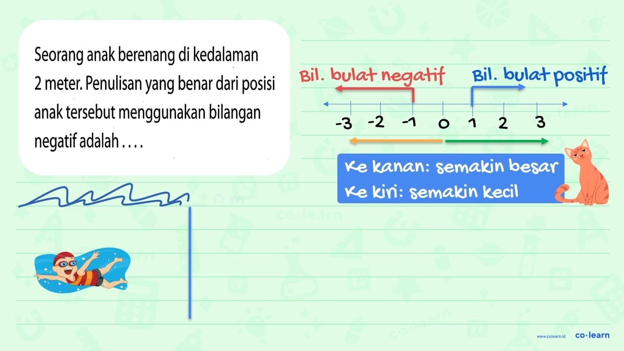 Seorang anak berenang di kedalaman 2 meter. Penulisan yang
