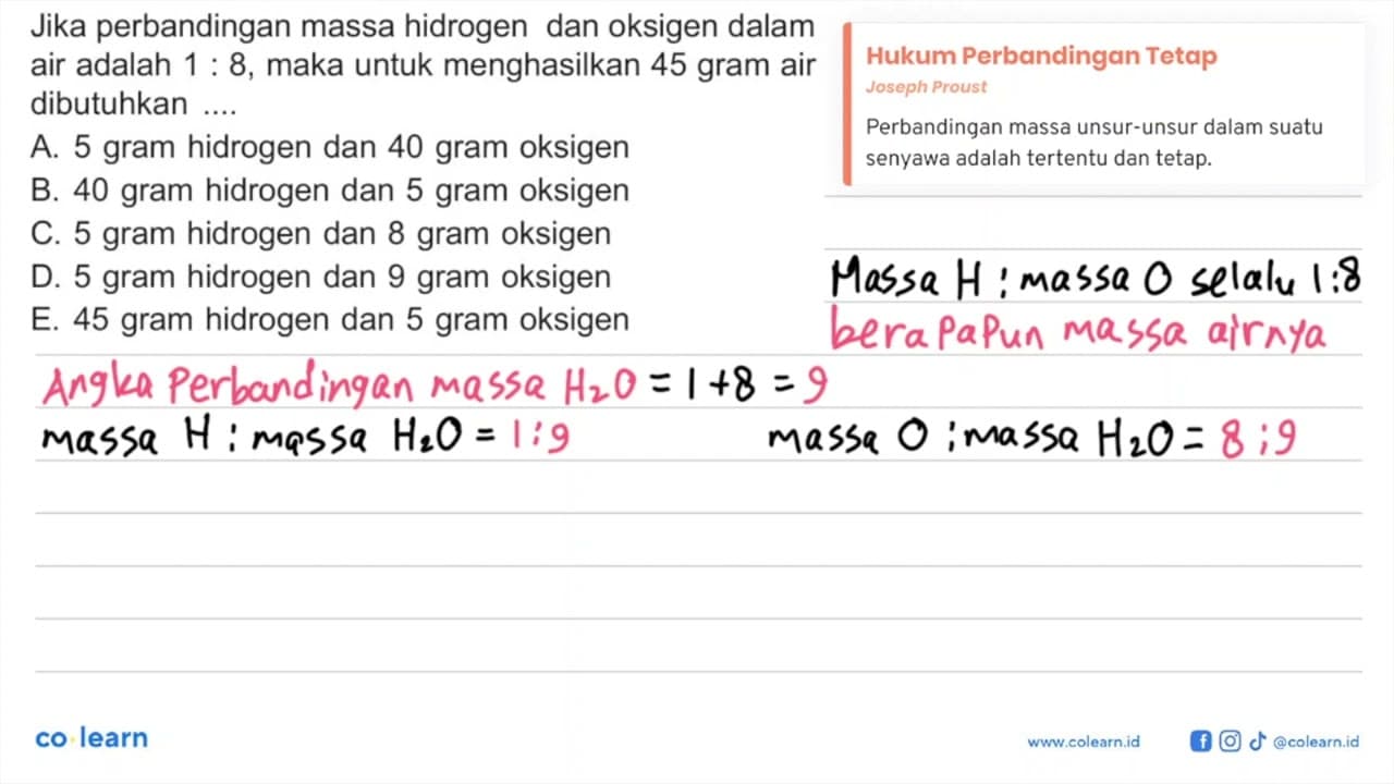 Jika perbandingan massa hidrogen dan oksigen dalam air