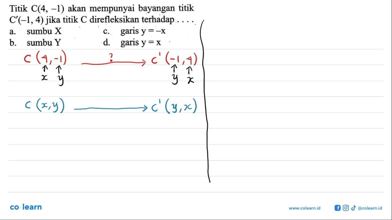 Titik C(4,-1) akan mempunyai bayangan titik C'(-1,4) jika