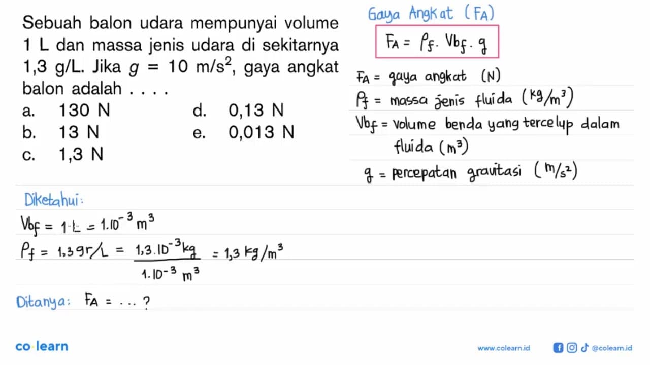 Sebuah balon udara mempunyai volume 1 L dan massa jenis