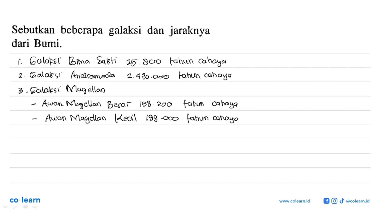 Sebutkan beberapa galaksi dan jaraknya dari Bumi.