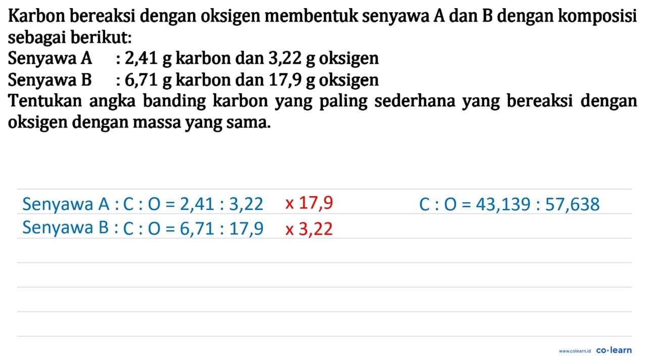 Karbon bereaksi dengan oksigen membentuk senyawa A dan B