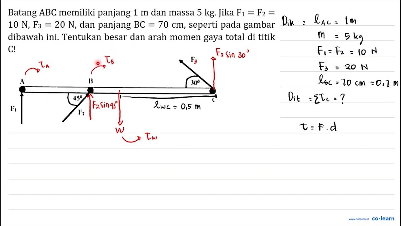 Batang ABC memiliki panjang 1 m dan massa 5 kg . Jika