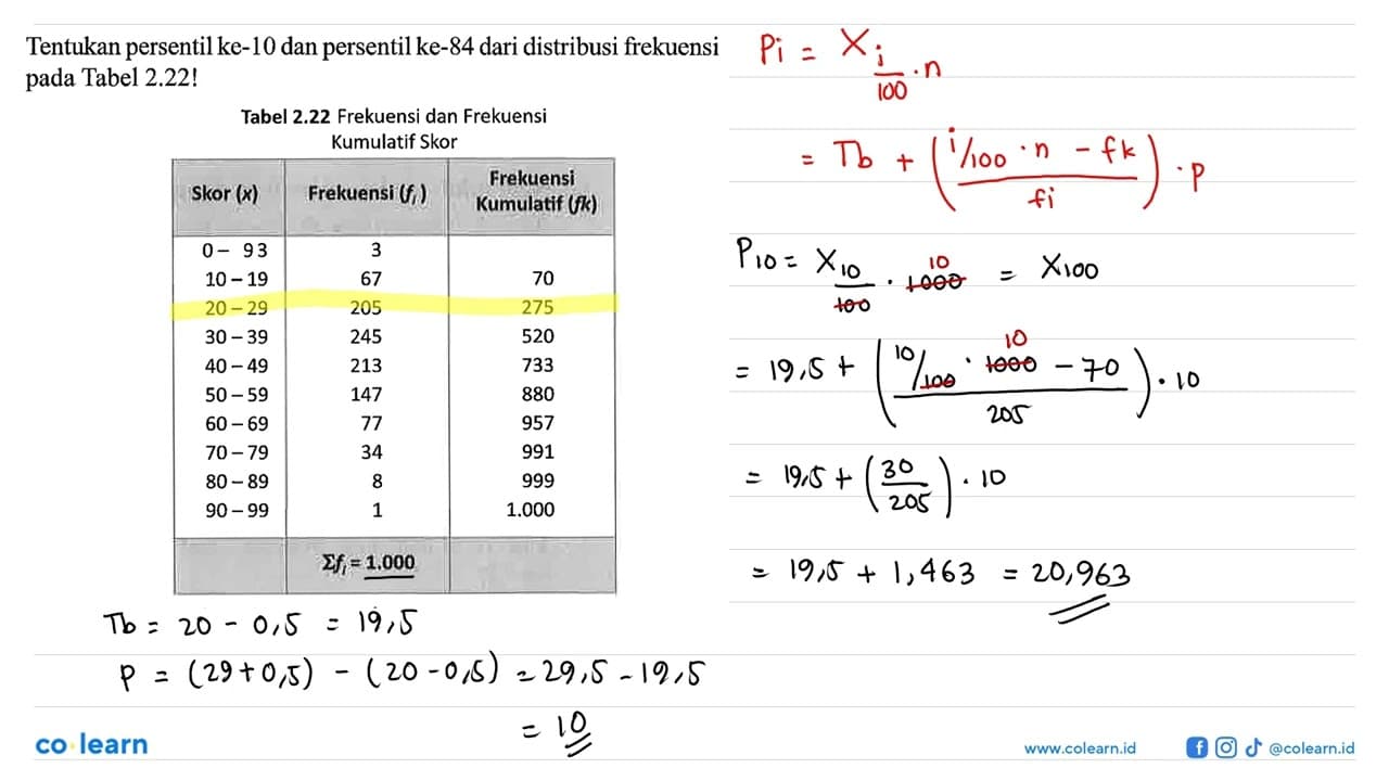 Tentukan persentil ke-10 dan persentil ke-84 dari