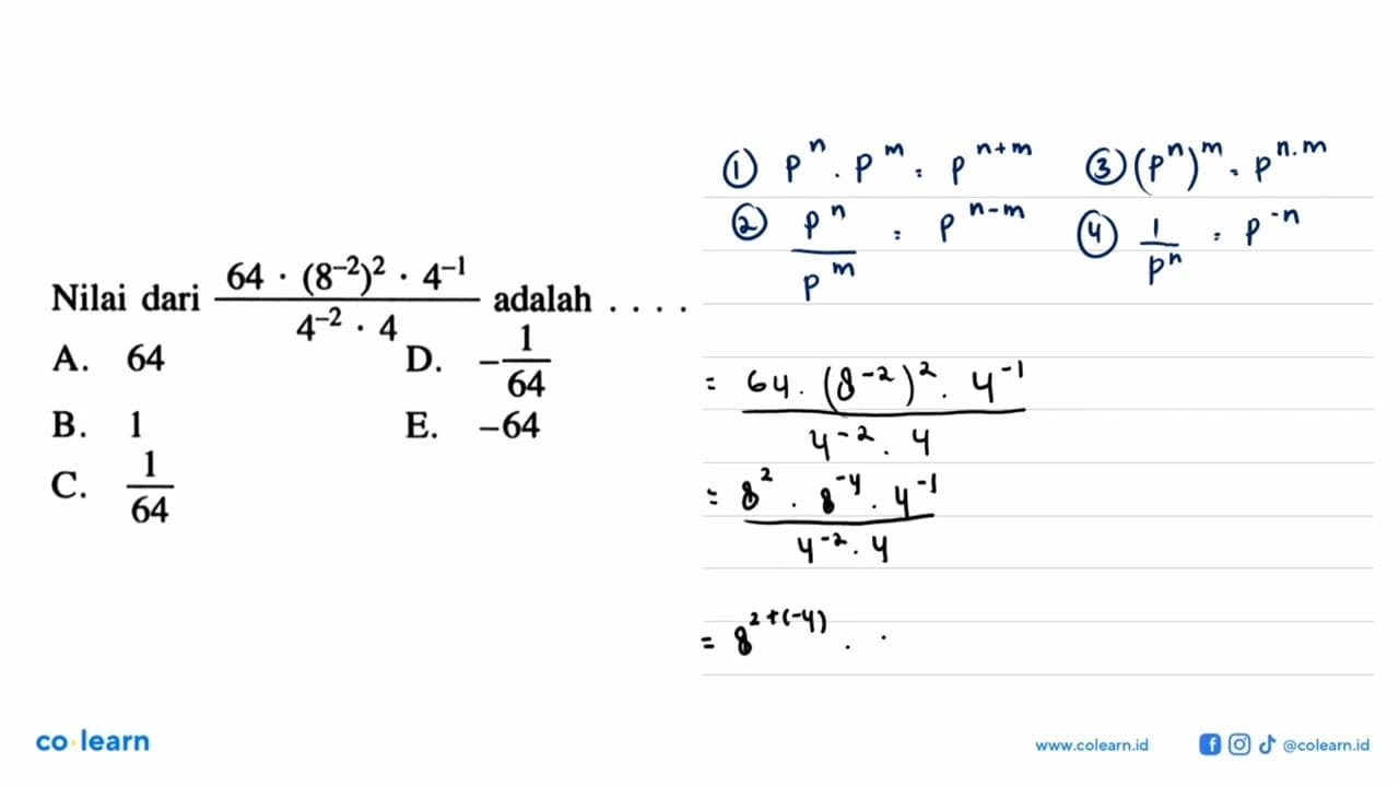 Nilai dari (64.8^-2)^-2.4^-1)/4^2.4 adalah ....