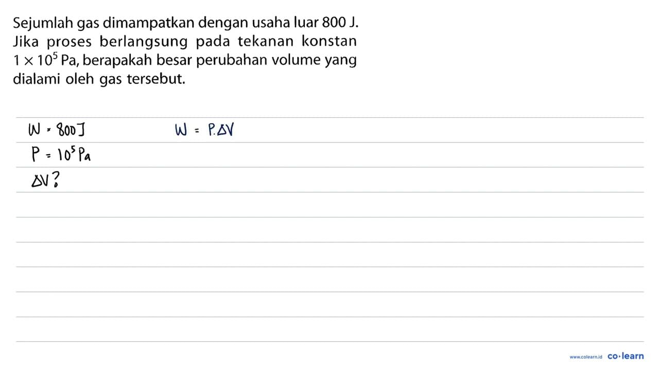 Sejumlah gas dimampatkan dengan usaha luar 800 J. Jika