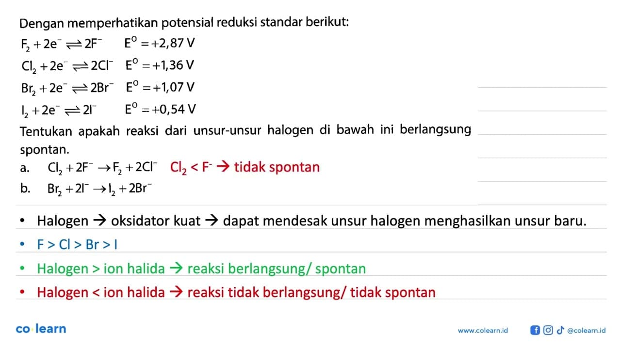 Dengan memperhatikan potensial reduksi standar berikut: F2