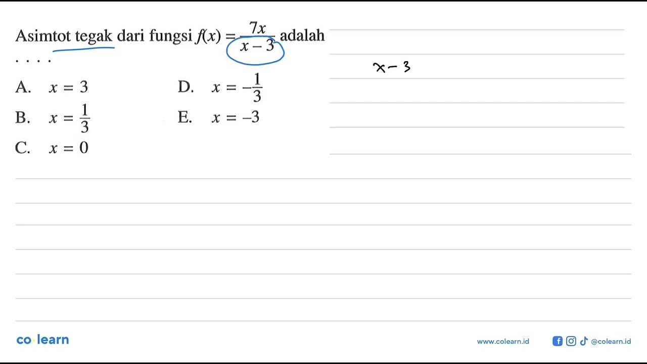 Asimtot tegak dari fungsi f(x)=7x/(x-3) adalah...