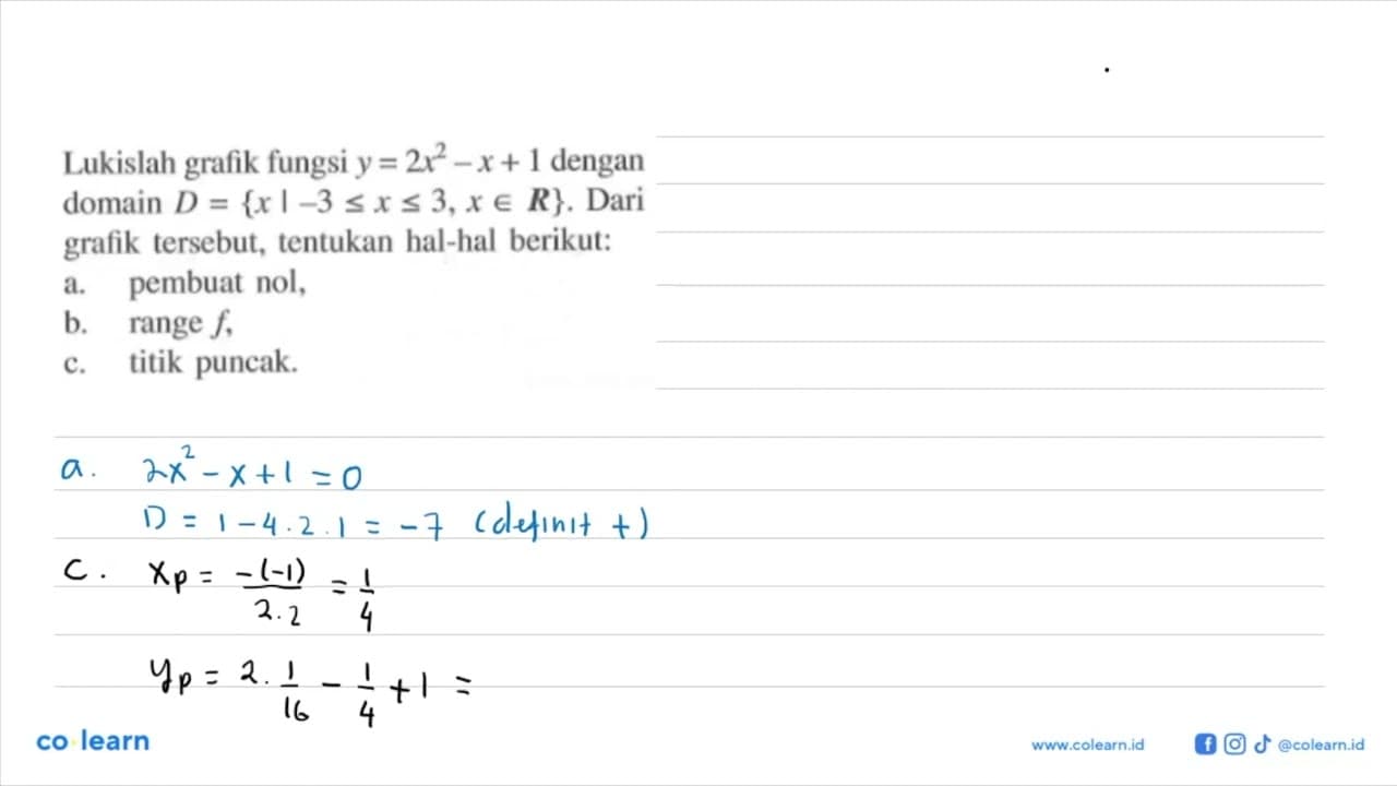 Lukislah grafik fungsi y=2x^2-x+1 dengan domain