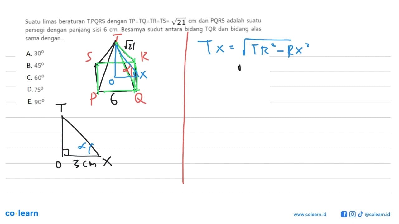 Suatu limas beraturan TPQRS dengan TP=TQ=TR-=TS= akar(21)