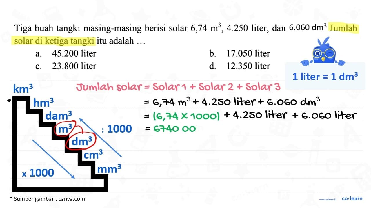 Tiga buah tangki masing-masing berisi solar 6,74 m^3, 4.250