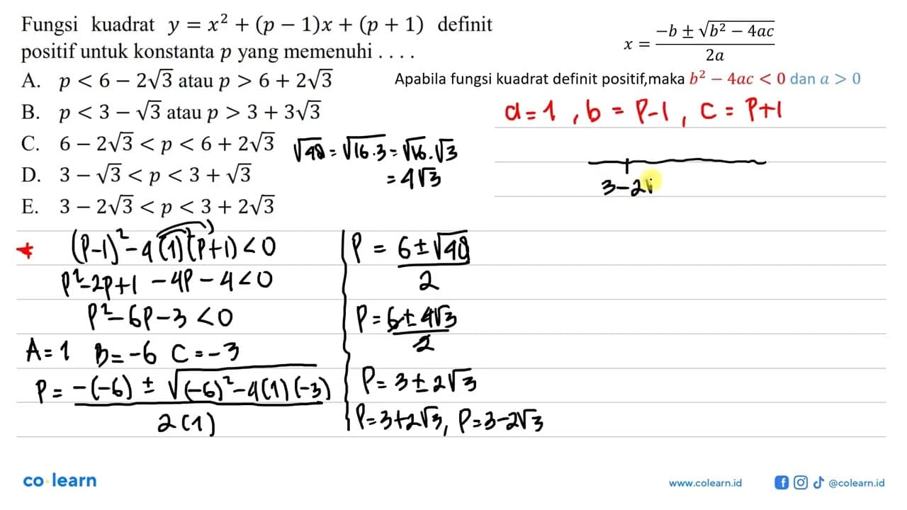 Fungsi kuadrat y=x^2+(p-1)x+(p+1) definit positif untuk