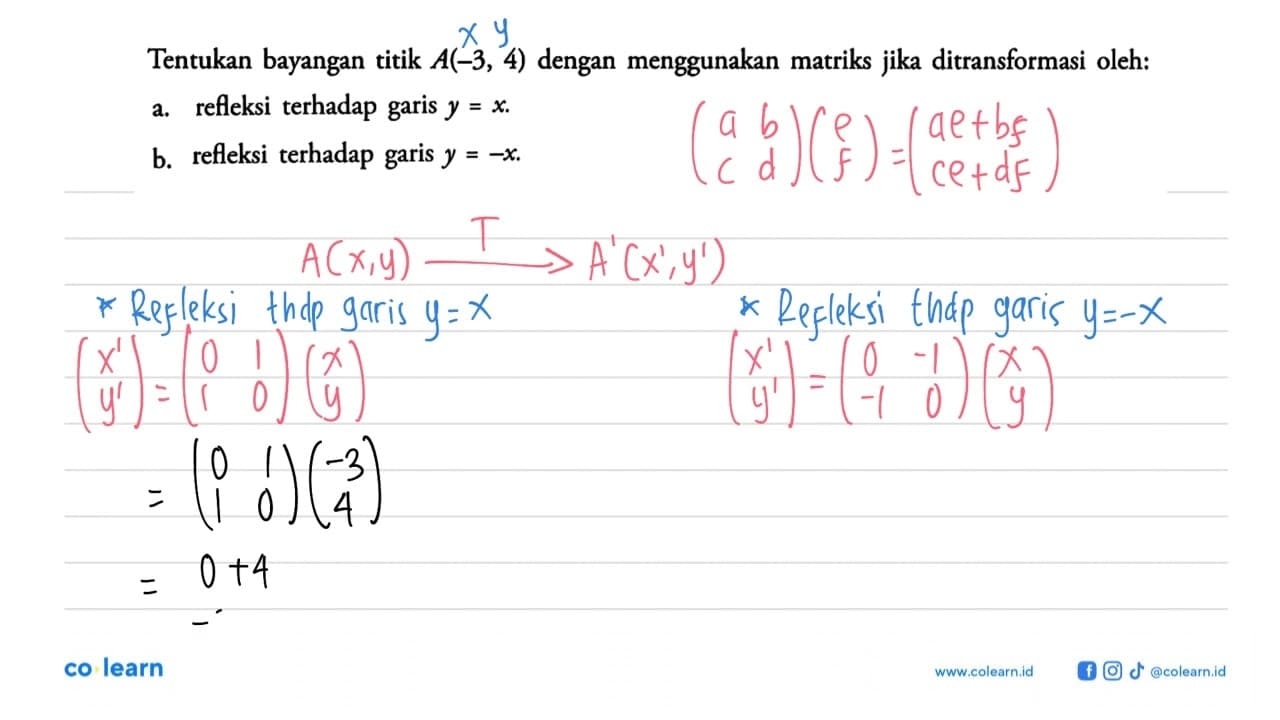 Tentukan bayangan titik A(-3, 4) dengan menggunakan matriks