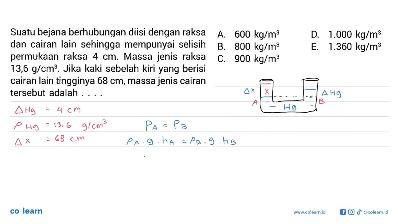 Suatu bejana berhubungan diisi dengan raksa dan cairan lain