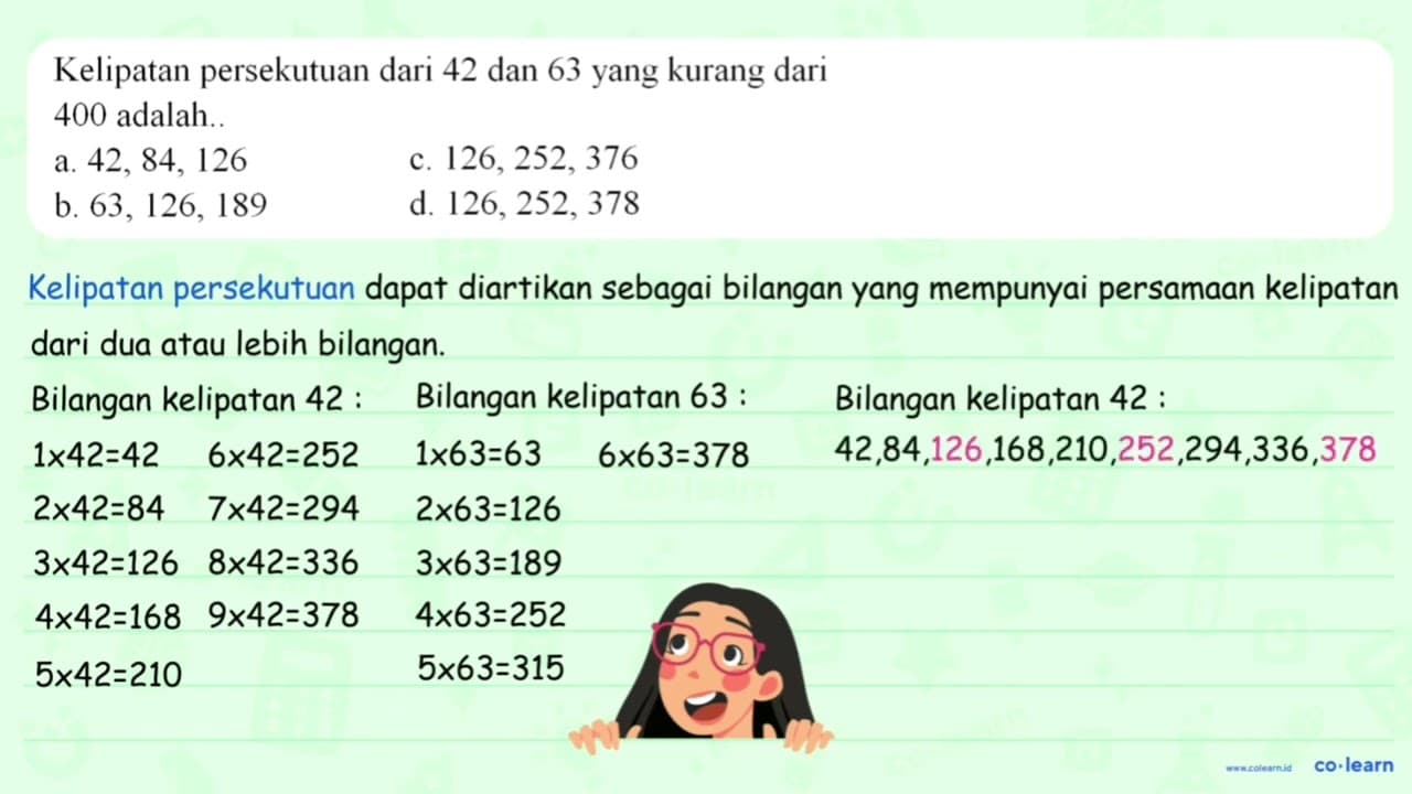 Kelipatan persekutuan dari 42 dan 63 yang kurang dari 400