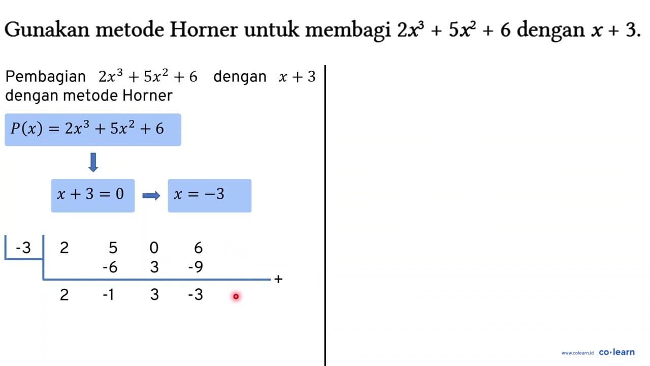 Gunakan metode Horner untuk membagi 2 x^(3)+5 x^(2)+6