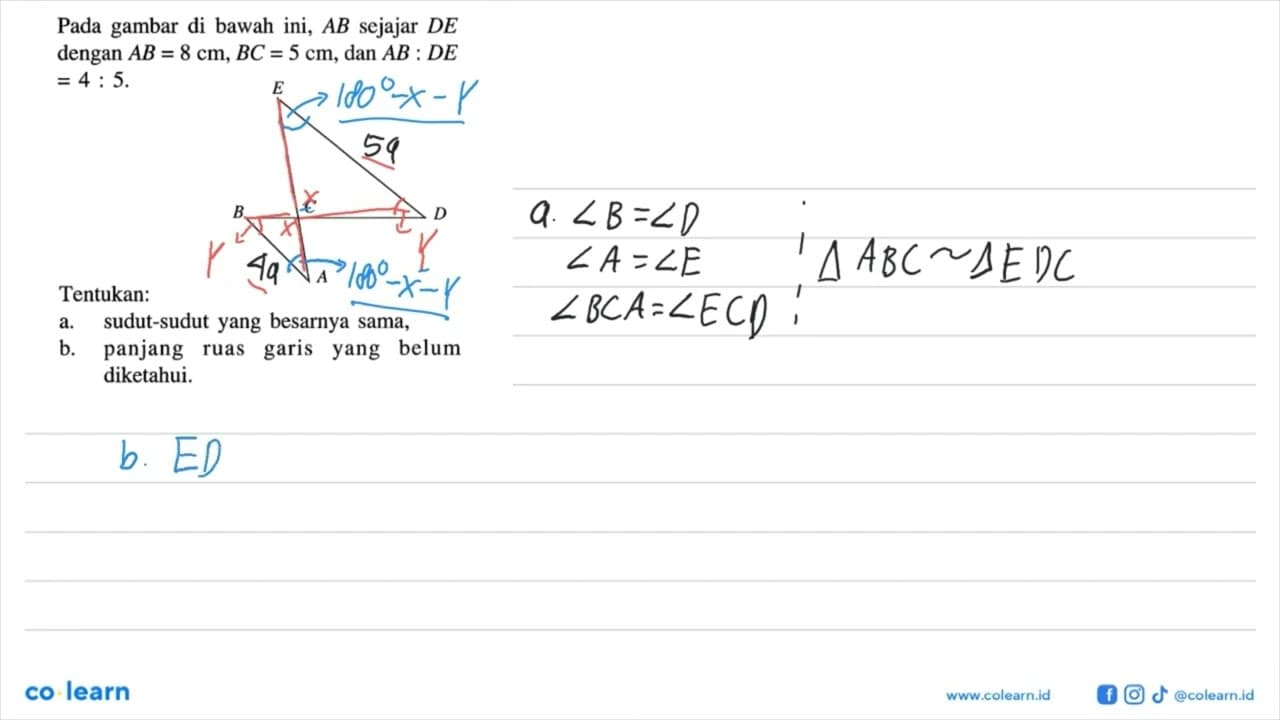 Pada gambar di bawah ini, AB sejajar DE dengan AB=8 cm,