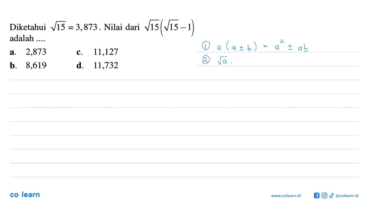 Diketahui akar(15) = 3,873. Nilai dari akar(15)