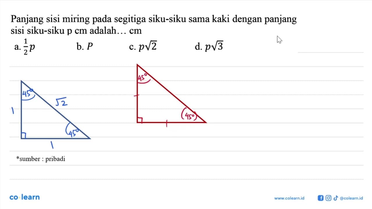 Panjang sisi miring segitiga siku-siku sama kaki dengan