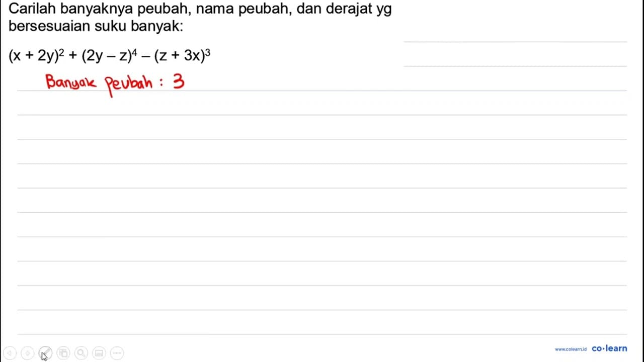 Carilah banyaknya peubah, nama peubah, dan derajat yg