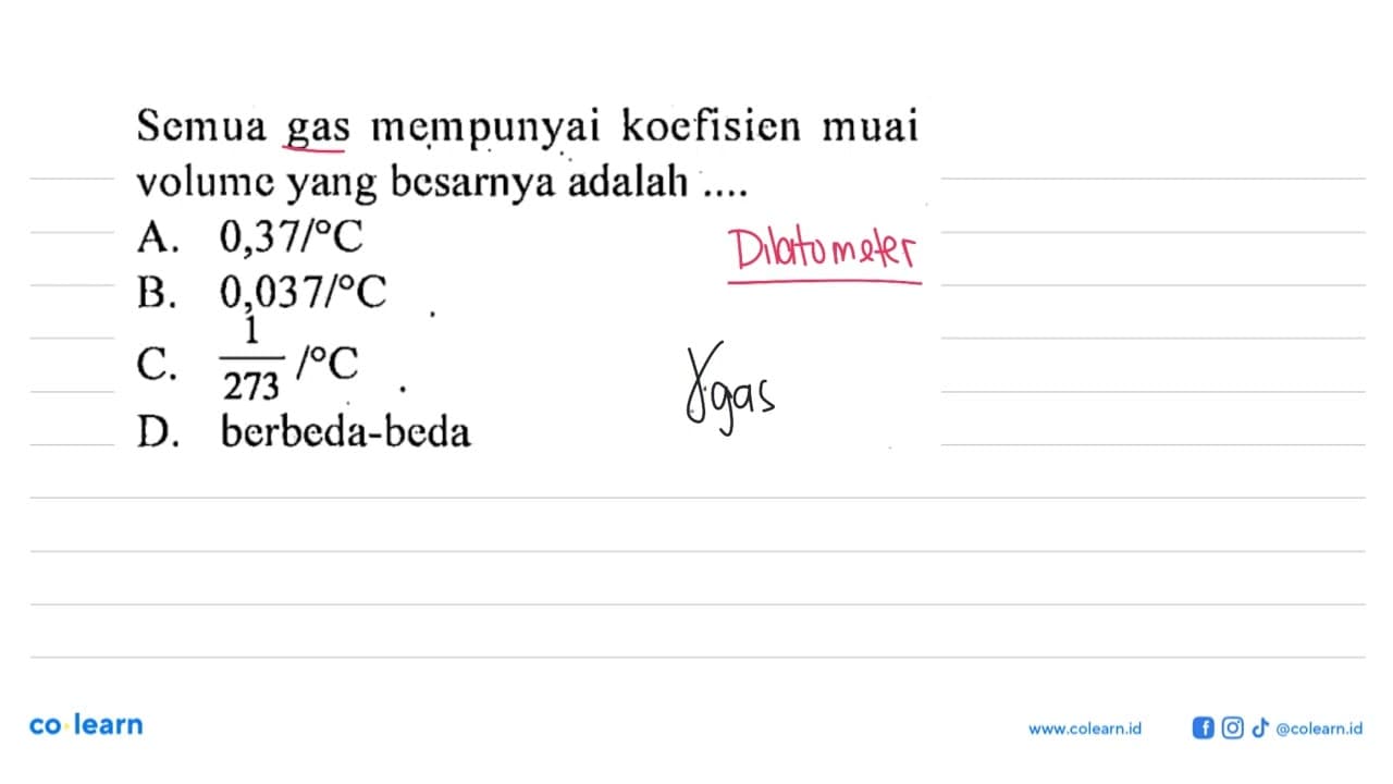 Semua gas mempunyai koefisicn muai volume yang besarnya